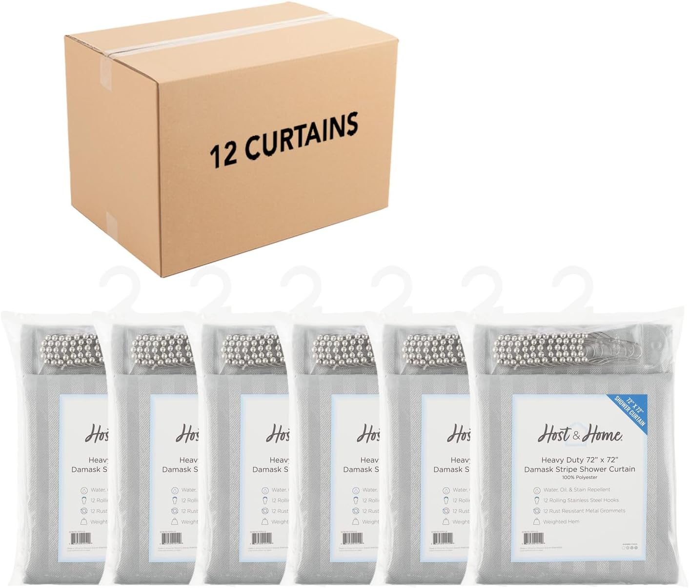 Arkwright Bulk Shower Curtain Set - Case of 12 - Stainless 12 Metal Hooks, Modern Damask Woven Washable Fabric with Weighted Hem & Rust-Proof Grommets, 210 GSM Heavy Duty, 72 x 72 in, Light Grey