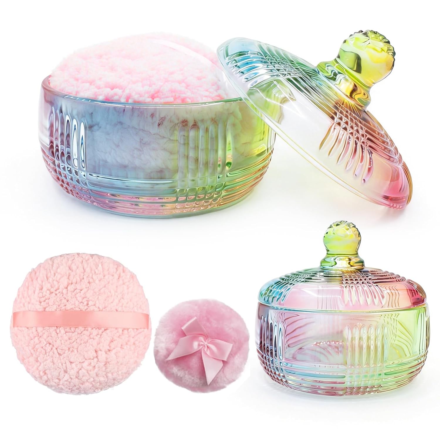 Extra-Large Body Powder Puff and Container - 5.7'' Glass Crystal Dusting Powder Container with 5.9'' Body Soft Washable Reusable Velour Face (Colorful)