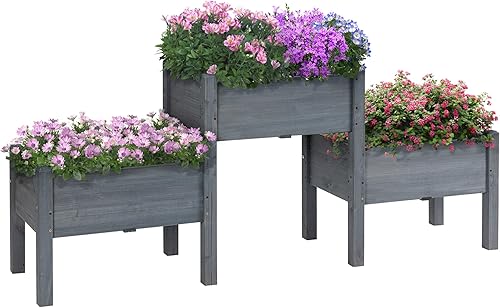 Outsunny Cama de Jardín Elevada con 3 Jardineras, Soporte de Plantas de Madera con Orificios de Drenaje, para Verduras, Hierbas y Flores, Gris