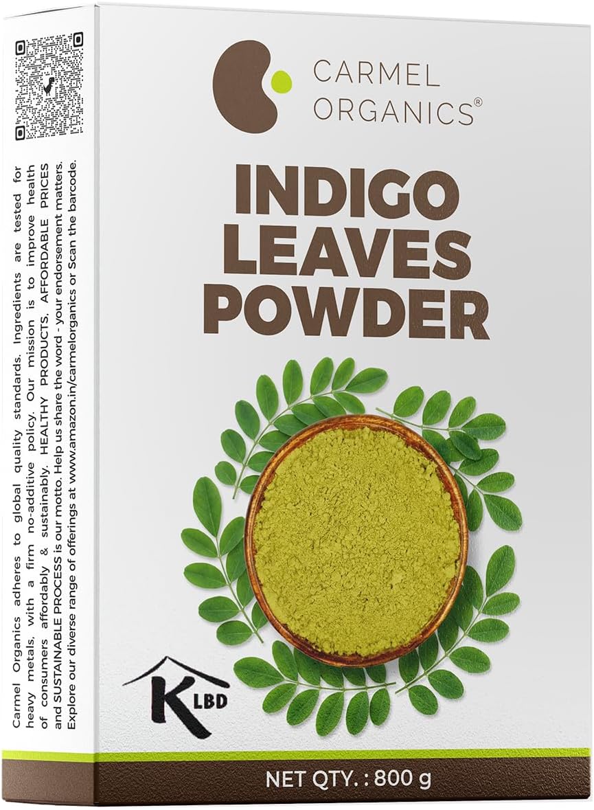 CARMEL ORGANICS Indigo Leaves Powder (800 Grams) for Hair Colour | Natural | No Added Colour or Preservatives | Avuri Akulu Powder | Indigofera tinctoria Powder | Natural Hair Colorant, For Black/Brown Hair, Includes Gloves & Hair Cap, No Added Colors or Preservatives, Avuri Akulu