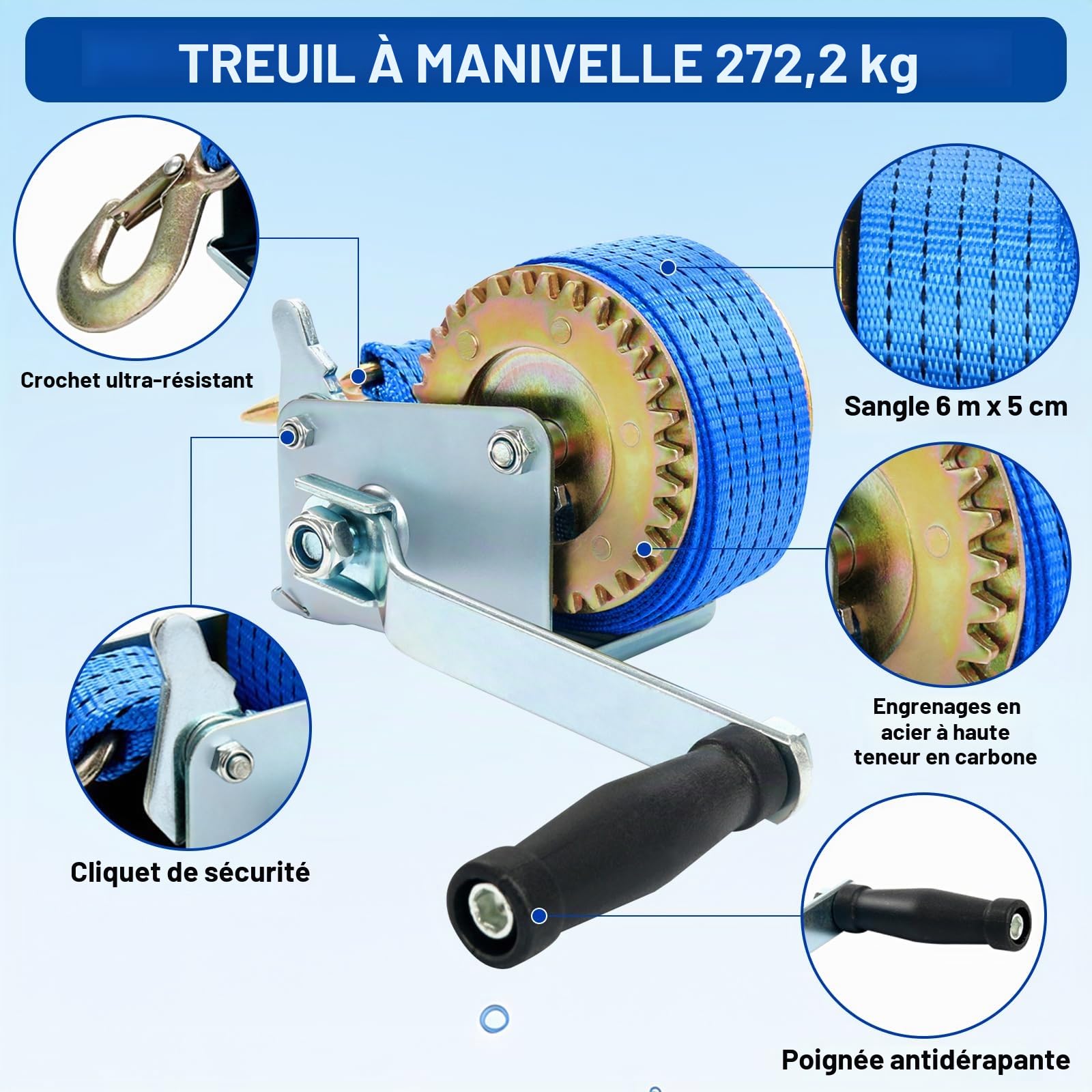 FreeTec Treuil Manuel avec Bleu Polyester Cordon à Bergung Treuil Bateau Treuil (6m 600lbs)