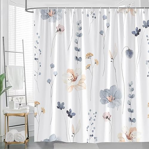 JONSEQIN Cortina de ducha floral de acuarela azul primavera flores vintage moderno minimalista blanco rústico estilo rústico juego de cortinas de