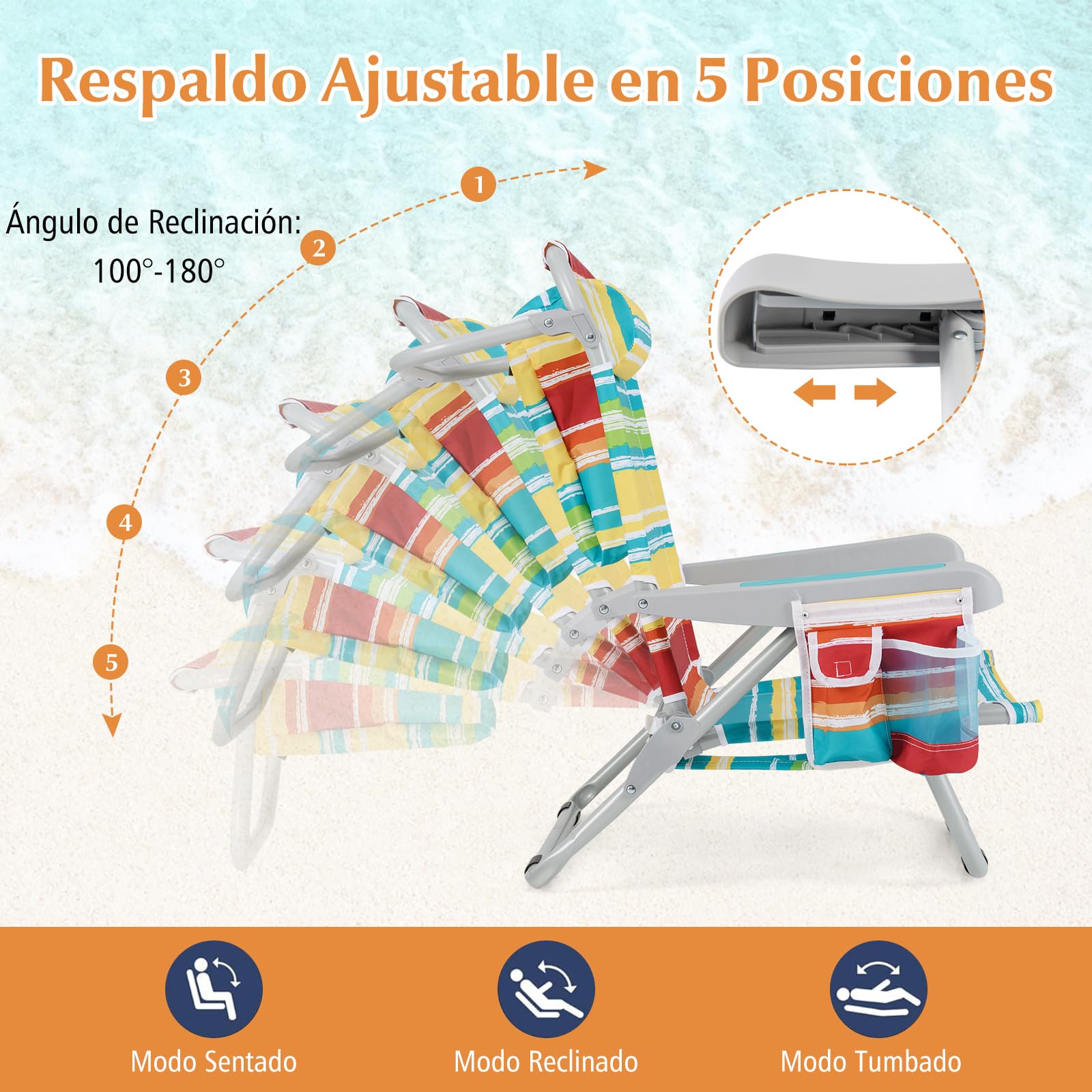 GIANTEX Silla de Playa Plegable con Bolsa de Almacenamiento, Bolsillos Laterales, Reposacabezas y Soporte para Toallas, Respaldo Ajustable 5 Niveles (2, Rayas Coloridas, 65 x 66 x 78 cm)