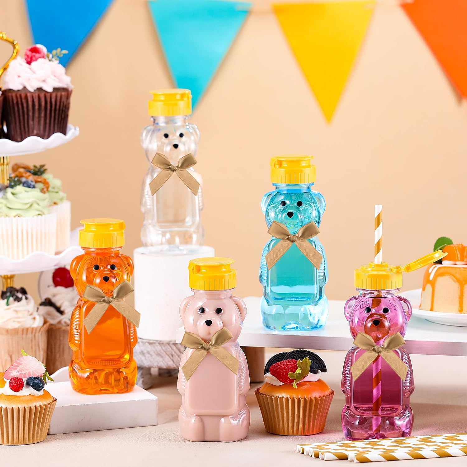 Honeydak 16 Pack Bear Straw Honey Cup for Baby 8 oz Bear Drinking Honey Bottles Empty Plastic Squeeze Bottles with Flip Top Lid Bow Jar Containers for Baby Shower Birthday Party Decoration(Brown)