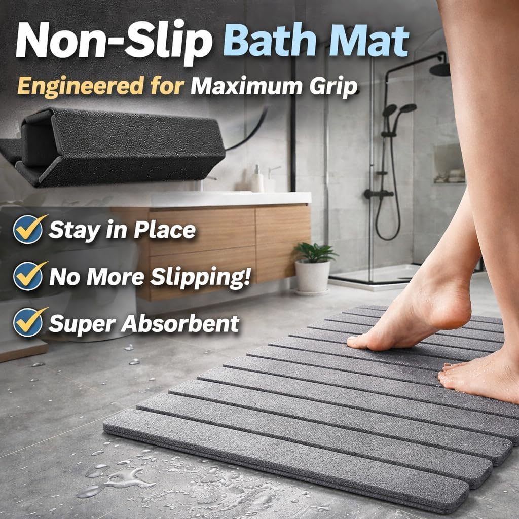 BOOSTLIFE Extra Large Stone Bath Mat, Foldable Diatomaceous Earth Shower Mat – Quick Dry, Super Absorbent, Non-Slip, Easy Clean (Gray, 32" x 20")