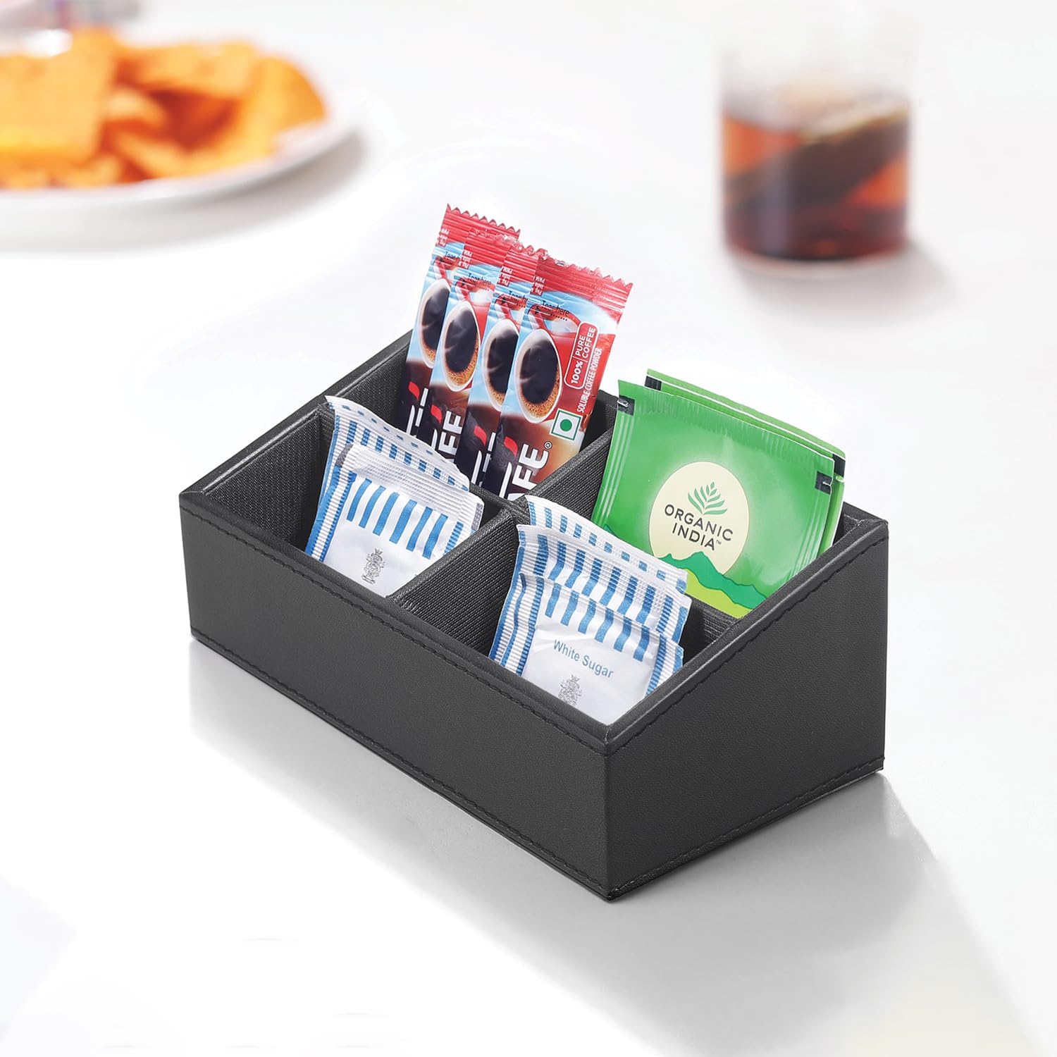 CLADD INTERNATIONAL Vegan Leather Welcome Serving Tea Coffee Sachet Tray | Slanted Front 4 Small Compartment Storage Gift Organizer | Beverage Holder Box | Home & Office | Black (B09WJ5Z8TM) Amazon Price History, Amazon Price Tracker