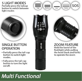 EcoGear FX TK120 Small LED Flashlight - 5 Light Modes, Adjustable Zoom (1 Pack)