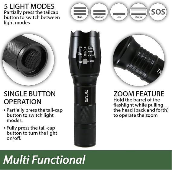 EcoGear FX TK120 Small LED Flashlight - 5 Light Modes, Adjustable Zoom (1 Pack)