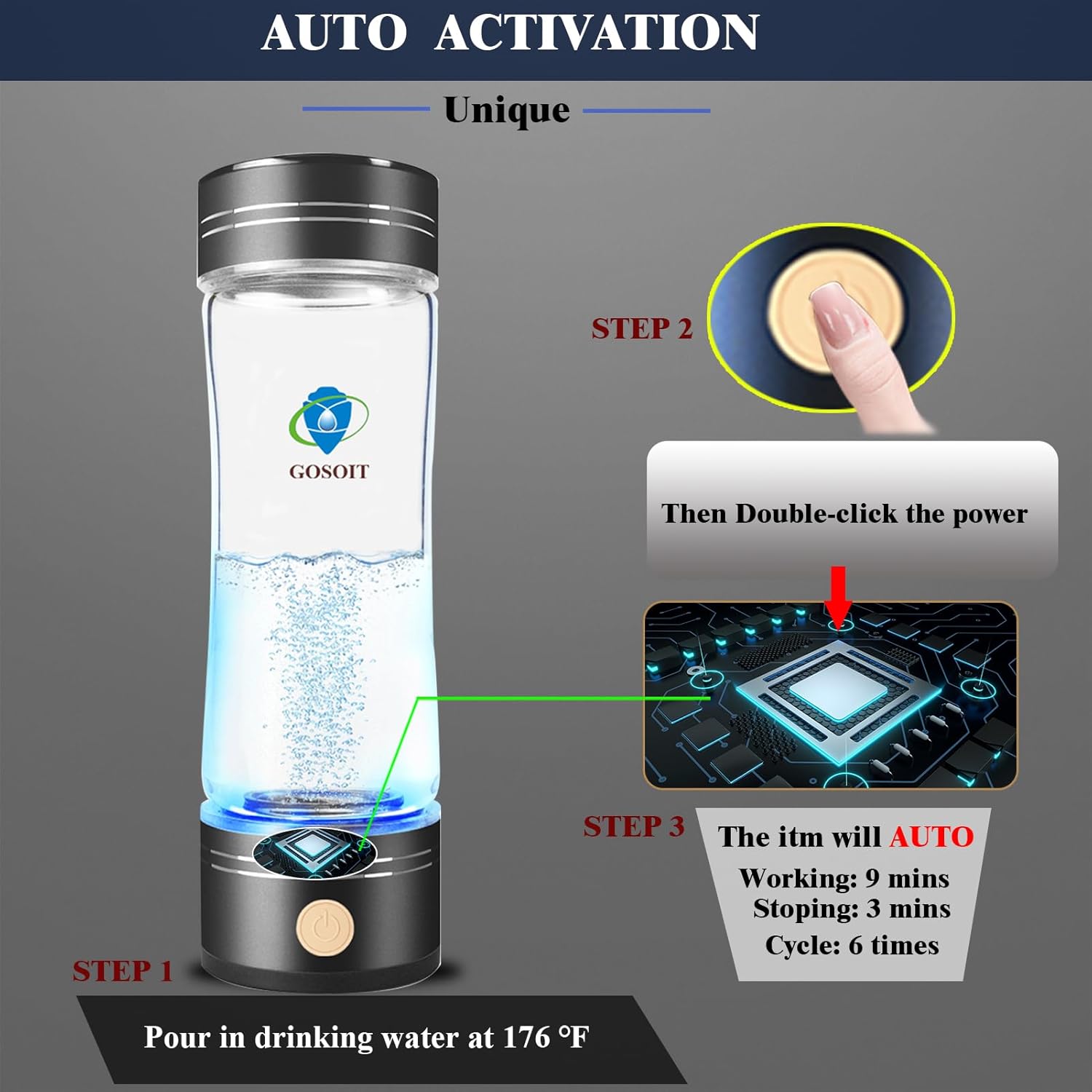 Hydrogen Water Bottle Maker Machine Hydrogen Water Generator Ionizer with SPE and PEM Technology (Dull Black)