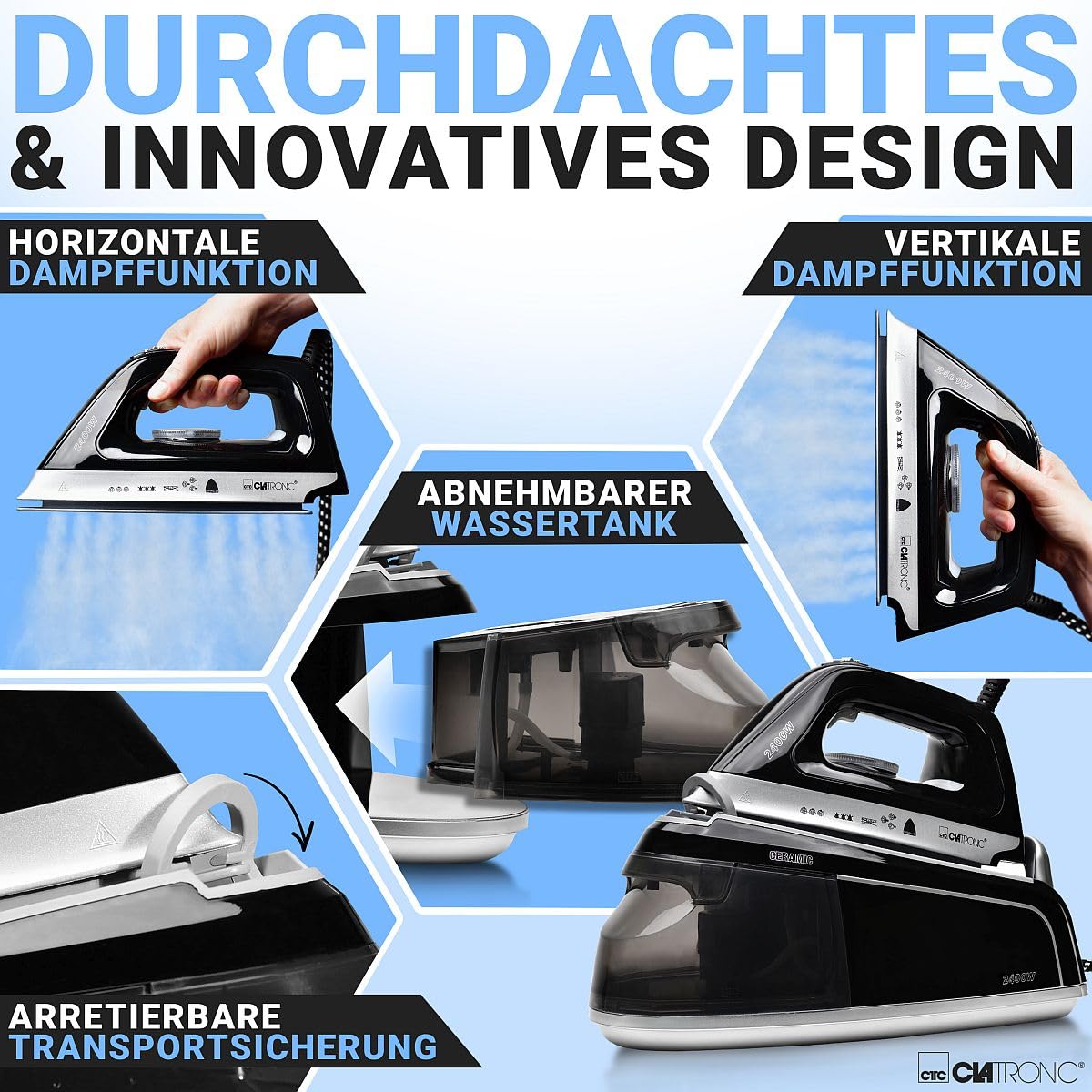 Centro de planchado a vapor Clatronic con plancha de vapor | 3,5 bar | plancha de vapor con suela Superglide y depósito de agua de 1,2L | 80 min. de autonomía | 2400W | con sistema antigoteo |DBS 3749
