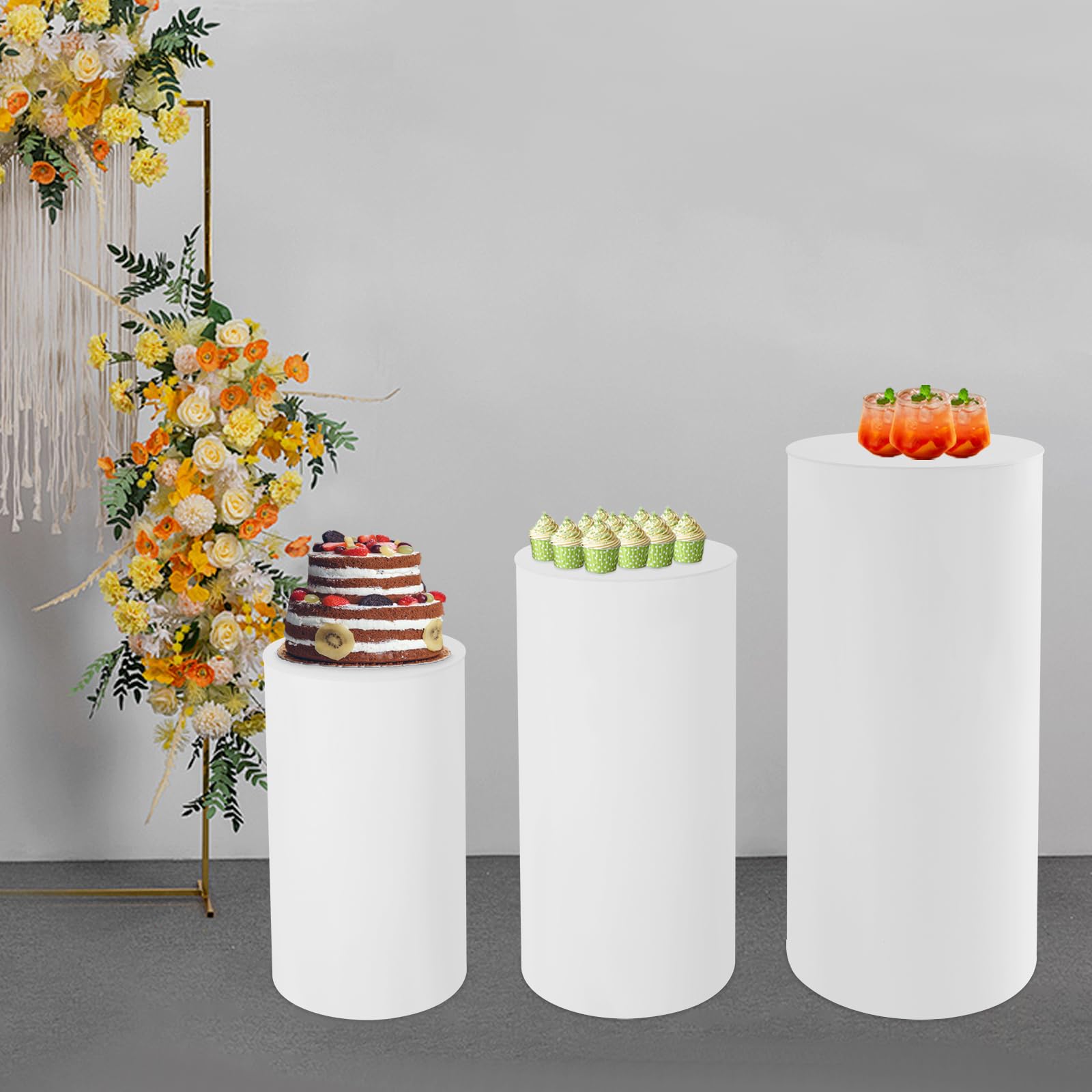 LSYSGSB Cylinder Pedestal Stands 3Pcs White Round Cylinder Pedestal Display Plinth Pillars for Wedding Party Decor 35.4''(L),29.5''(M),23.6''(S)
