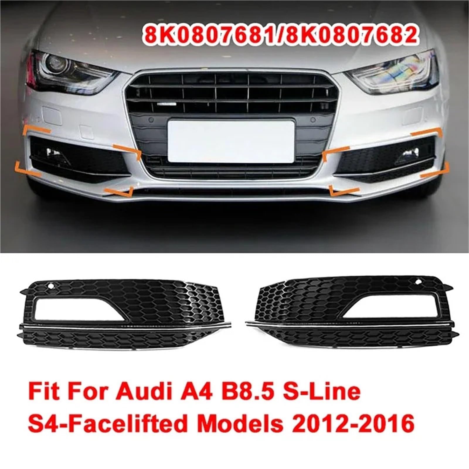 Pasuje do Audi A4 B8.5 S-Line S4 2012-2016 Osłona lampy przeciwmgielnej Plaster miodu Przednia kratka Grill Przedni zderzak Dolna kratka(Chrome)