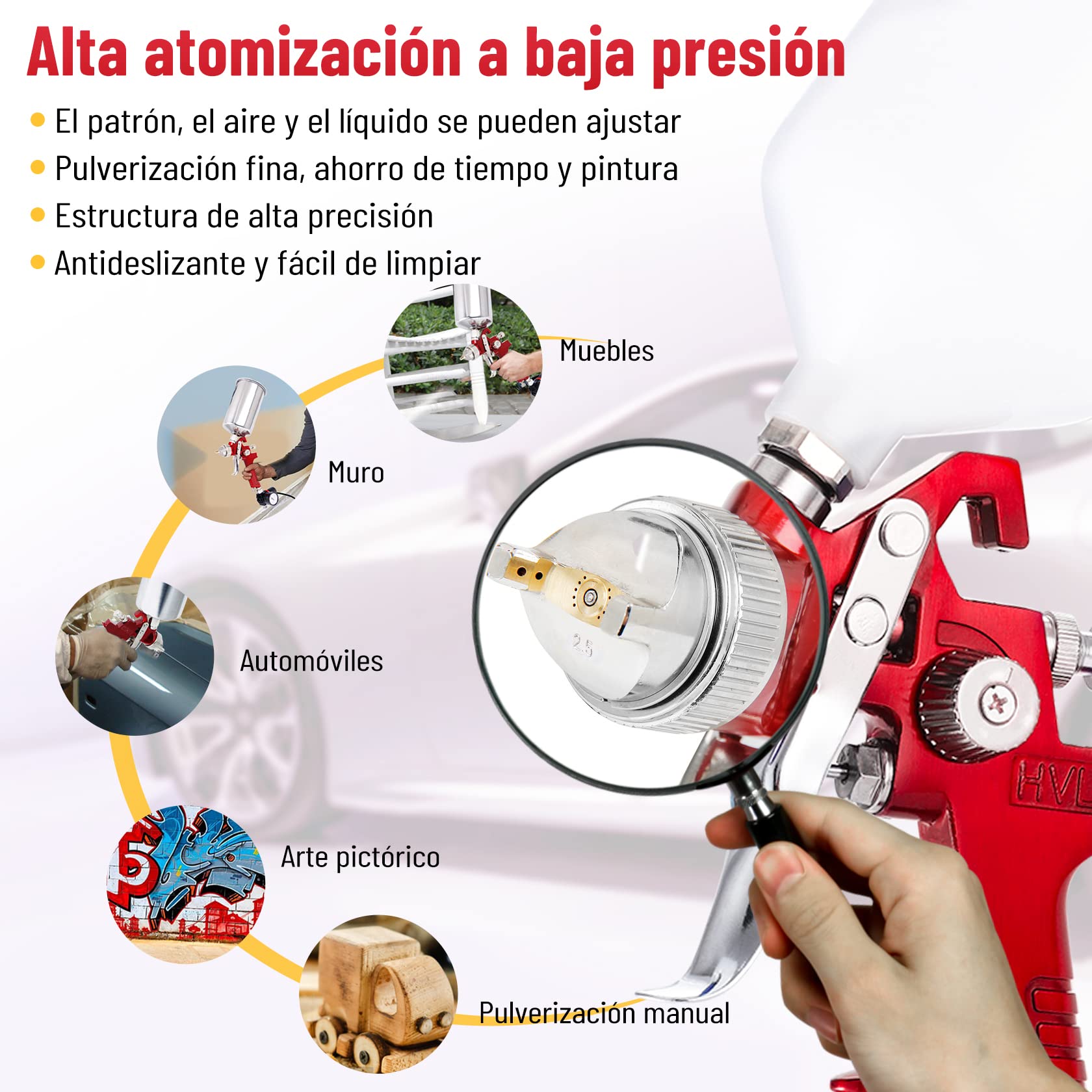CarBole Pistola de Pintura HVLP con Taza 1000cc y 4 Boquillas