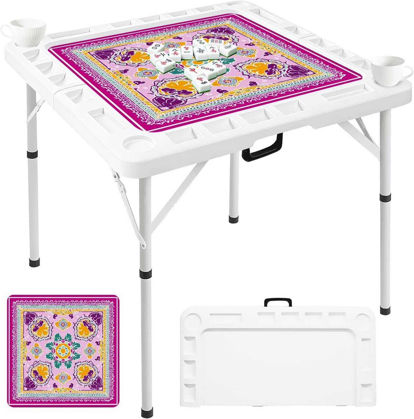 Folding Mahjong Table with Paisley Mandala Bandana Navy Blue White Ornate Floral Wear-Resistant Mahjong Mat, 4 Cup Holders & Chip Trays for 4 Players Square Portable Card Table for Poker Domino