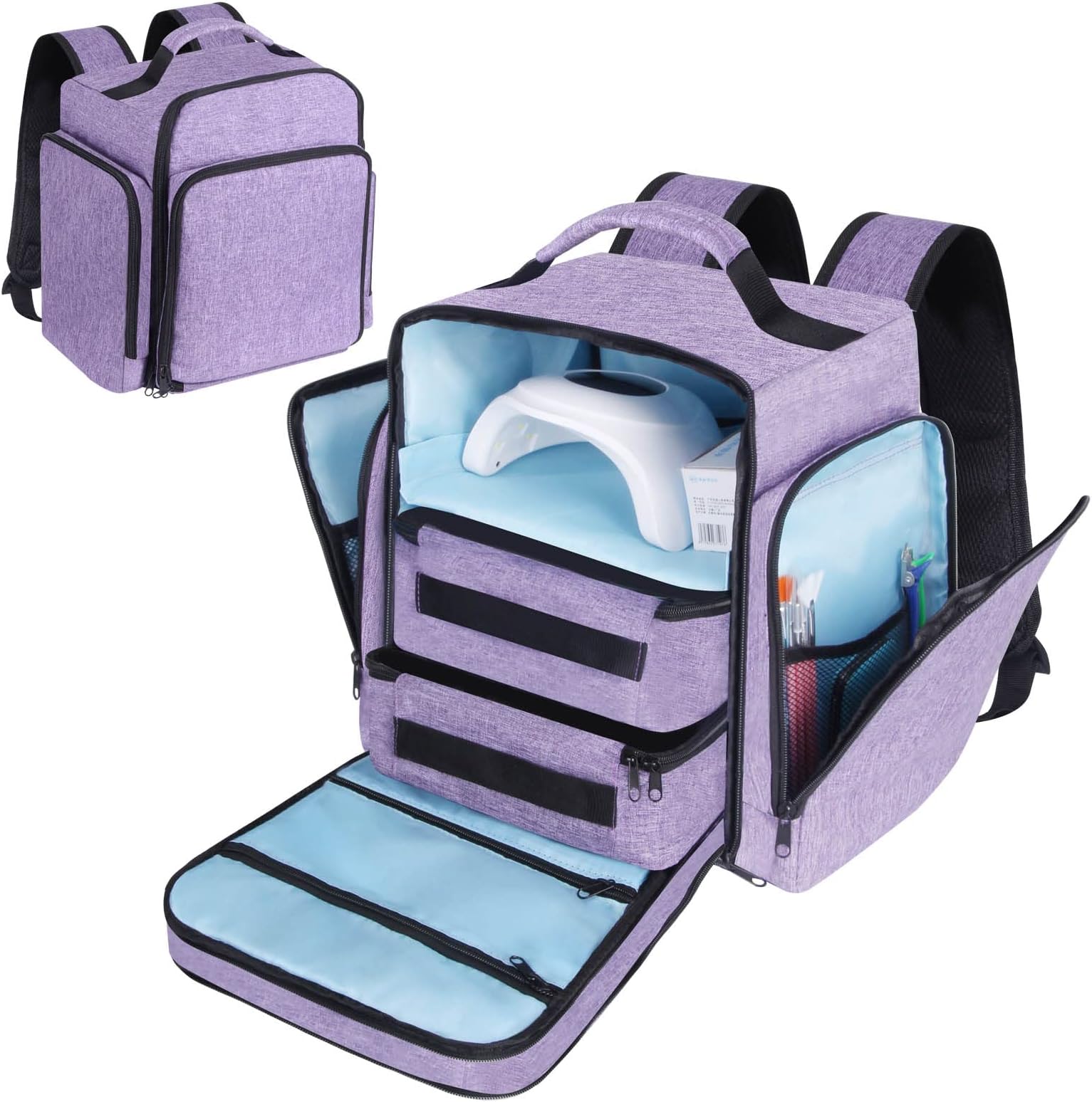 Wemeier Nail Polish Organizer Case Holds 72-84 Bottles and 1 Nail Lamp,Nail Tech Organizers and Storage Backpack with 2 Removable Pouches and Nail Accessories Storage Sections (Purple)