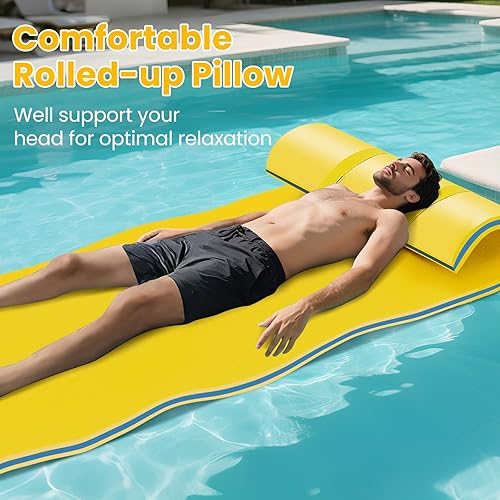Miniatura 4 de GYMAX Alfombrilla de agua flotante, hamaca gruesa de espuma de natación con diseño de almohada rodante, colchón portátil de balsa de agua de 3 capas