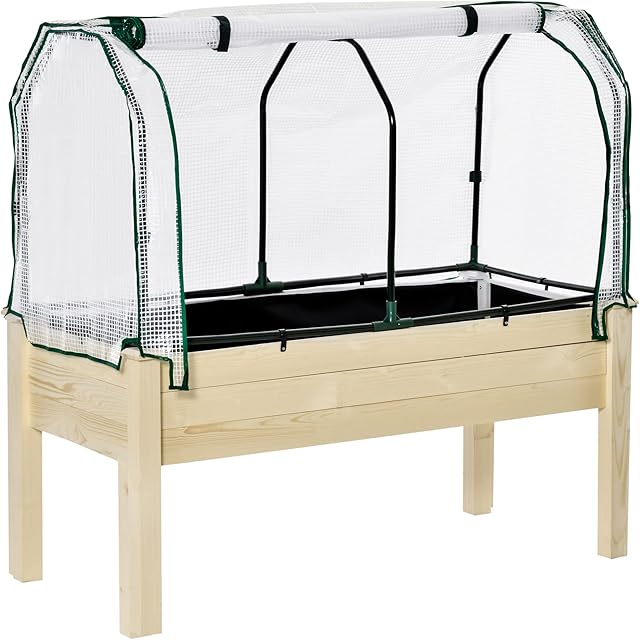 Outsunny Raised Garden Bed with PE Greenhouse Cover Outdoor Elevated Wood Planter Box for Herbs and Vegetables, Use for Patio, Backyard, Balcony, 121 x 55 x 117cm