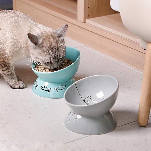 Miniatura 24 de Sweejar Cuencos elevados de cerámica para gatos, platos inclinados para alimentos o agua, cuenco elevado de porcelana para mascotas, protege