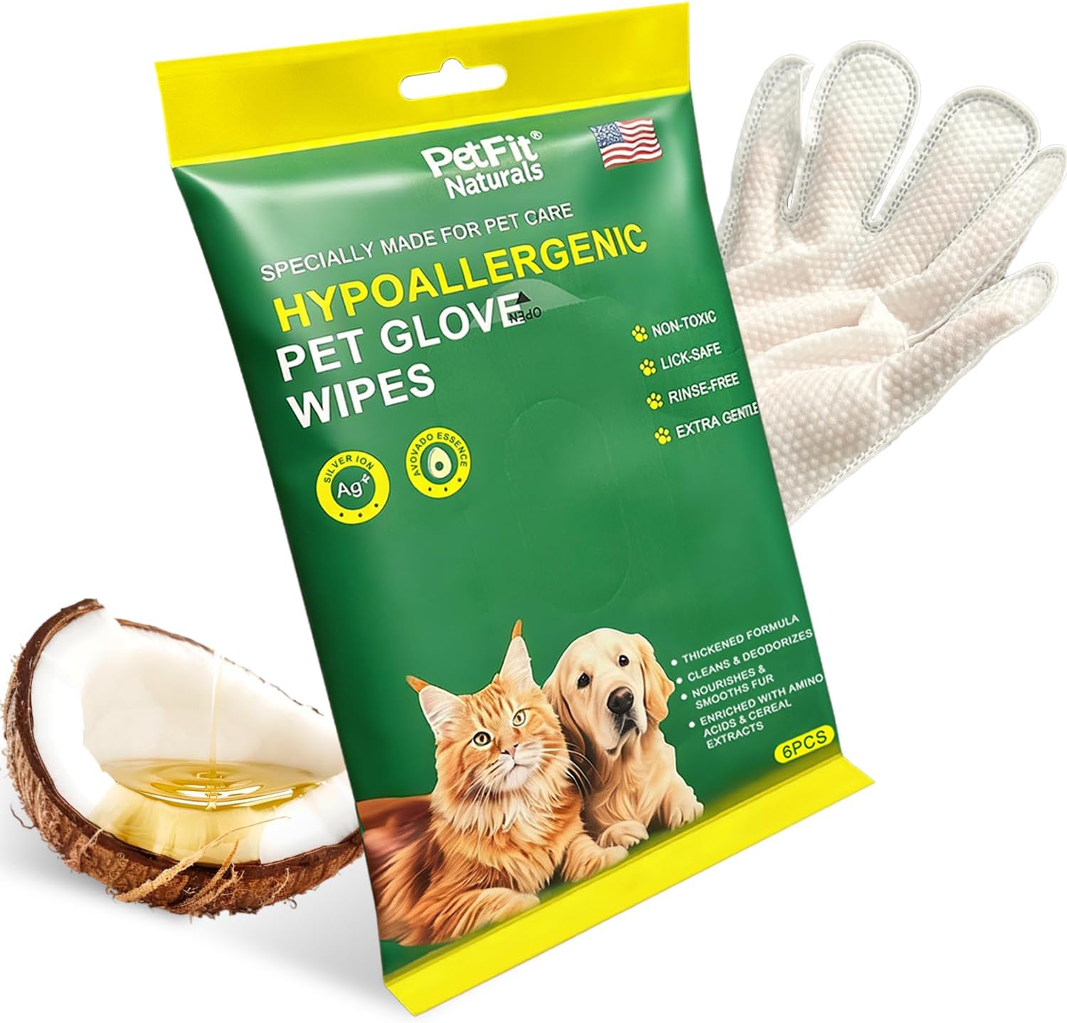 PetFit Naturals Pet Grooming Glove Wipes for Dogs & Cats – Hypoallergenic Cleansing & Deodorizing Wipes, Vet-Approved, Hydrating & Nourishing Fur Care, Bath Alternative for Pets & Horses (6pcs)