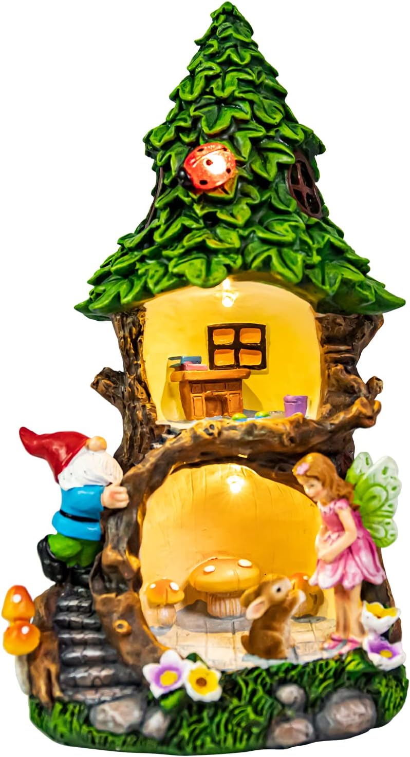 Ovewios Fairy House Statues Outdoor Decor, Large Garden Gnome House Figurines with Solar Lights Waterproof Resin Outdoor Statues for Patio Yard Lawn Decorations