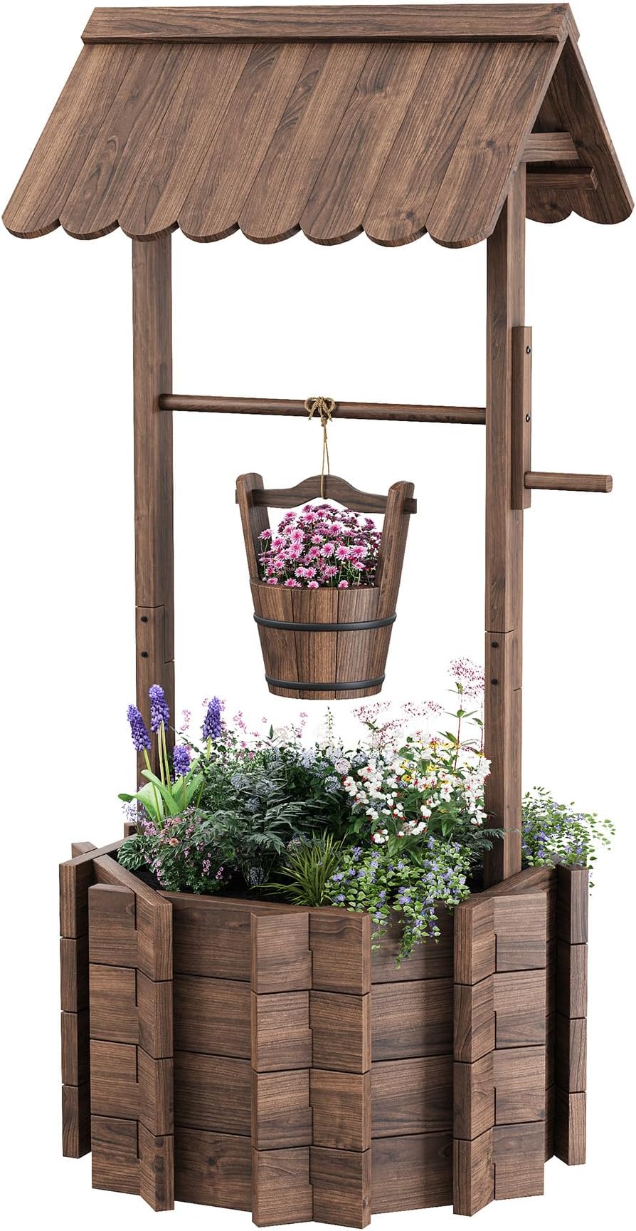 Amopatio Wishing Well for Outside, Wooden Wishing Well with Adjustable Hanging Bucket, Rustic Flower Planter Garden Patio Lawn Home Decor