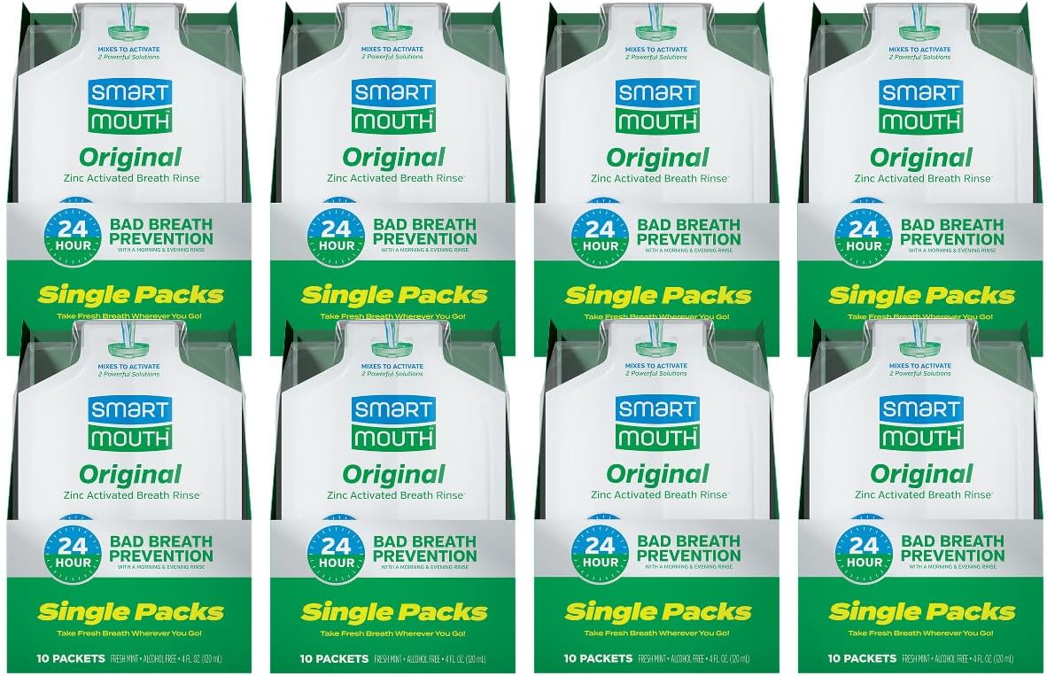 SmartMouth Original Zinc Activated Mouthwash Single Packs - Disposable Mouthwash Packets for Fresh Breath - Eliminates Bad Breath & Odors - Alcohol & Fluoride-Free - Fresh Mint - 10 Count, 8 Pack