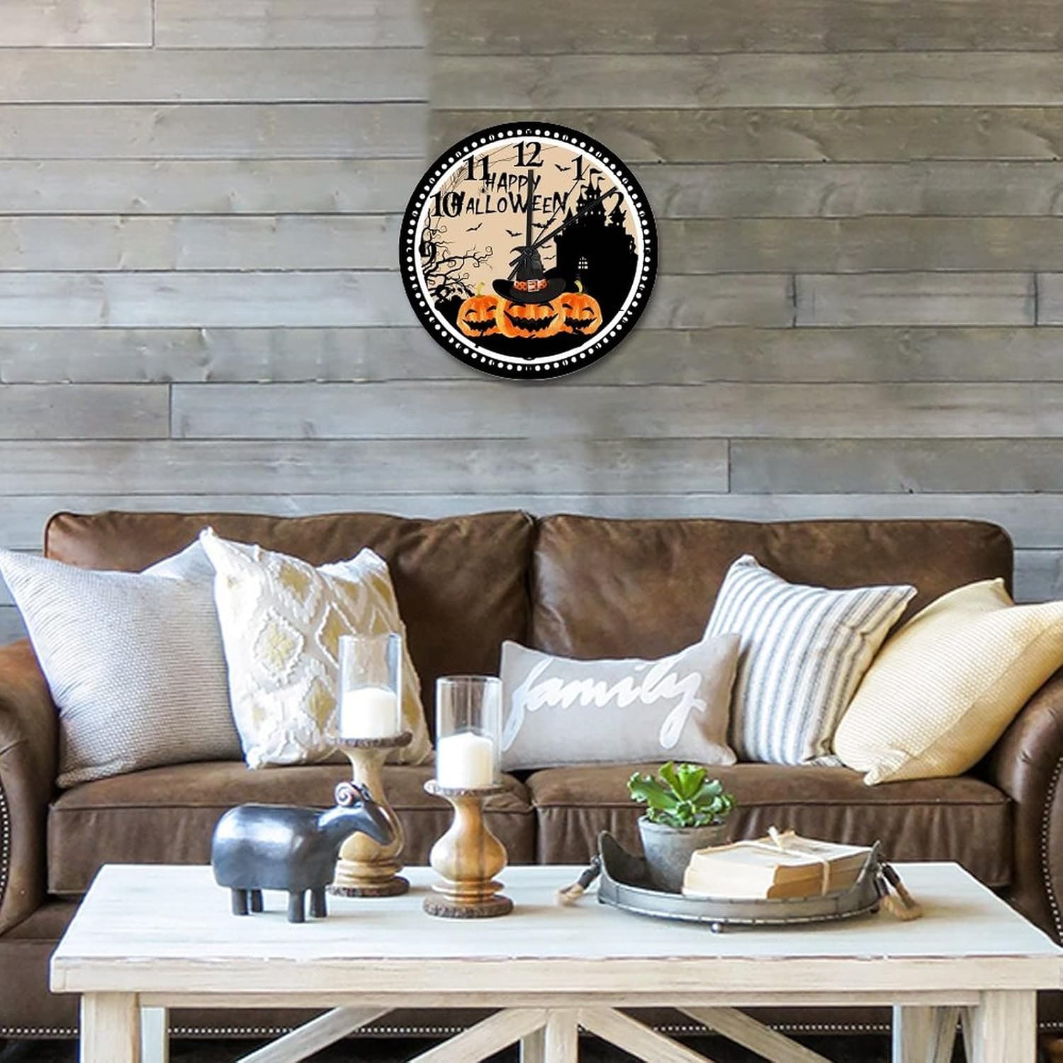 Happy Halloween Pumpkin Hunted House Wooden Clock 12 Inch, Halloween Party Scary Pumpkin Wearing Witch Hat Indoor Clocks Quartz Non Ticking Round Arabic Numeral Clock for Home Office