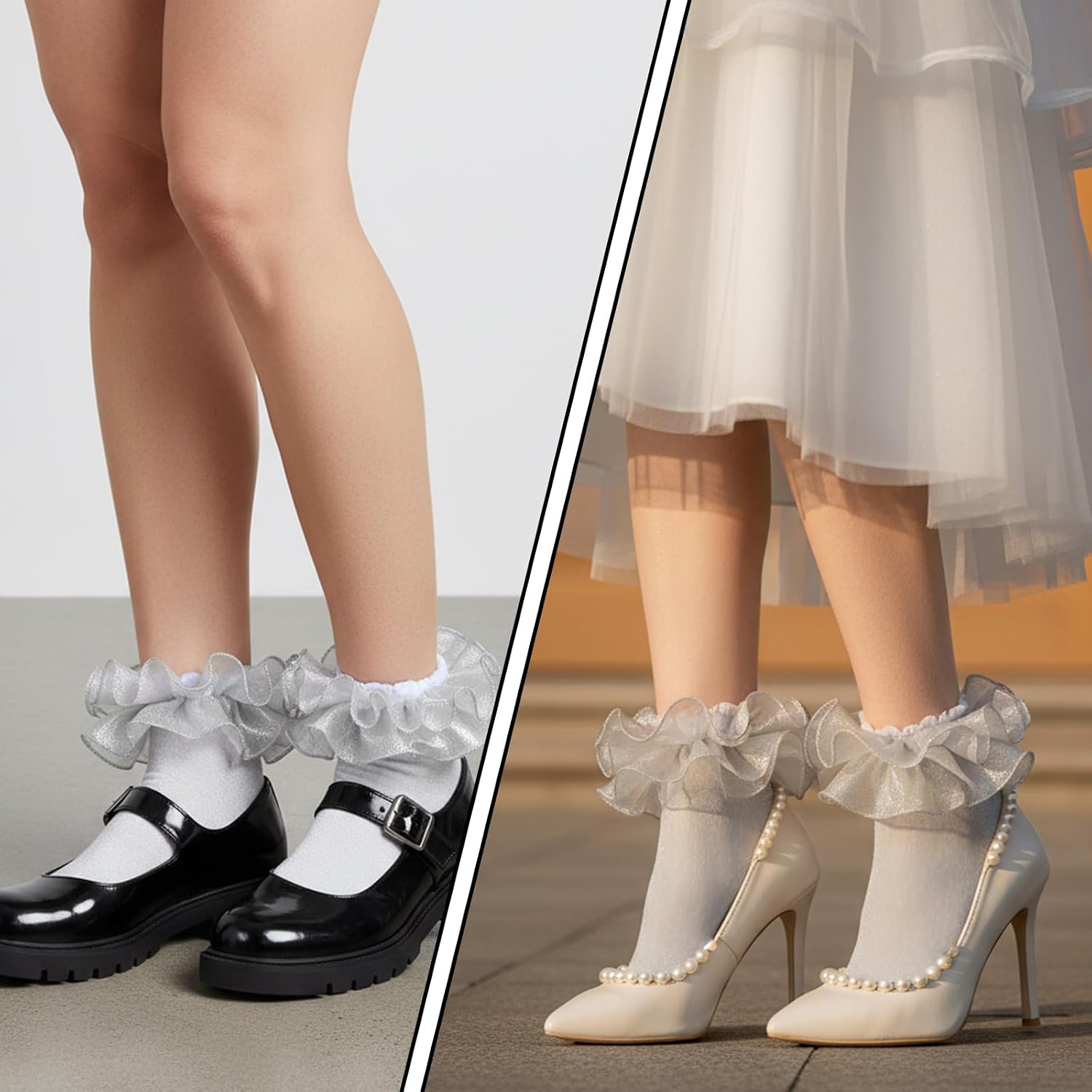 Women Silver Ruffle Socks, Glitter Ankle Socks Double Lace Frilly Dress Sock Silver Socks Soft Breathable Cute Sparkling Frilly Sock Fits Adult Most