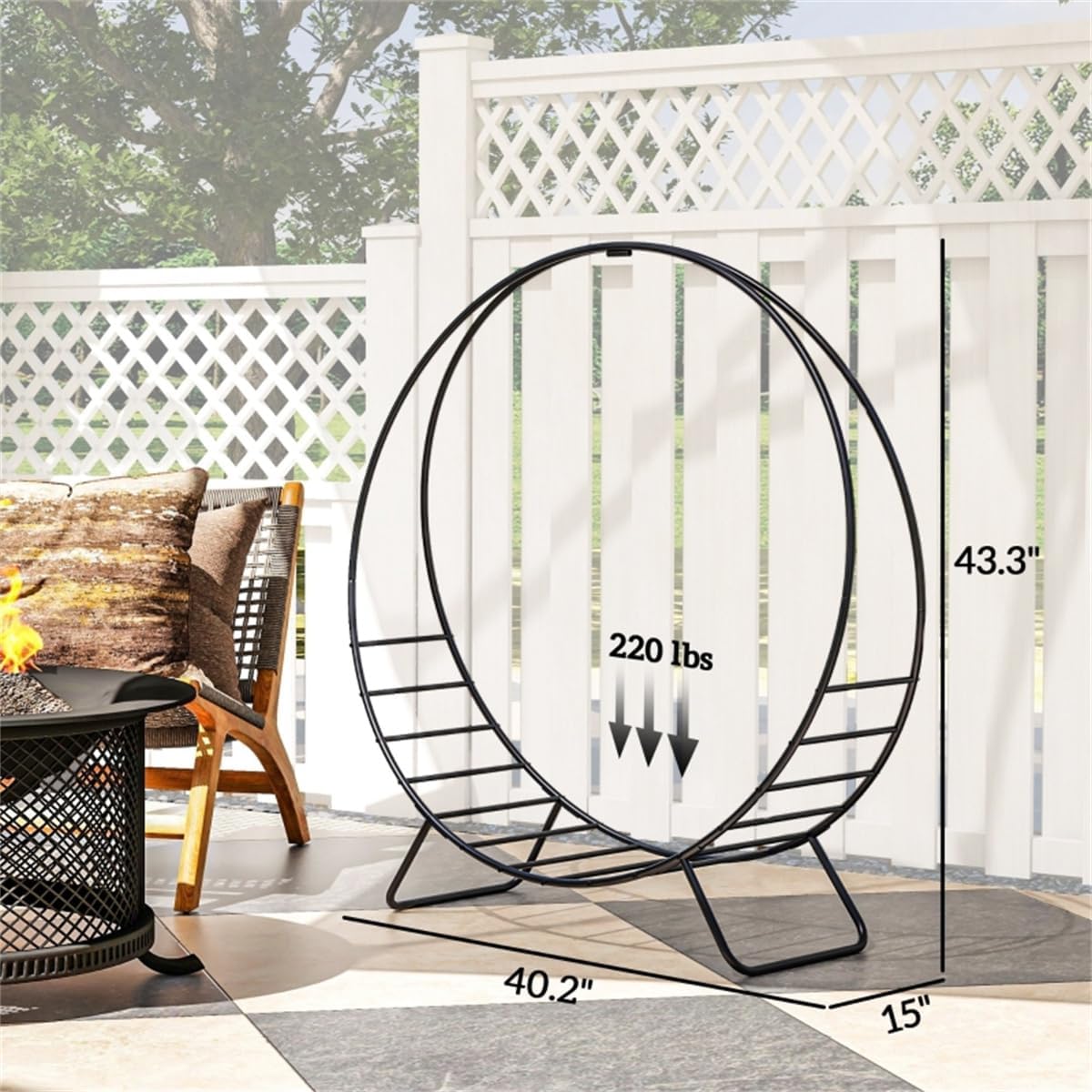 43Inch Heavy Duty Firewood Log Rack Hoop with Cover Round Fire Wood Storage Rack 220lbs Capacity 40.2" x 15" x 43.3" for Indoor Outdoor Yard Farm Patio