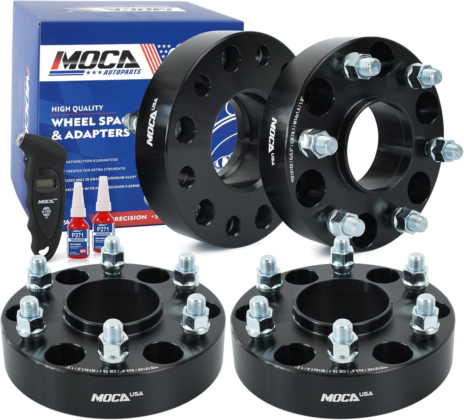 MOCA 38.1mm 6x139.7 Hubcentric Wheel Spacers (78.1mm Bore) - M14x1.5 Studs Fit for Chevrolet Silverado Avalanche 1500 & for GMC Sierra 1500 (Black, Pack of 4) & a Tire Pressure Gauge