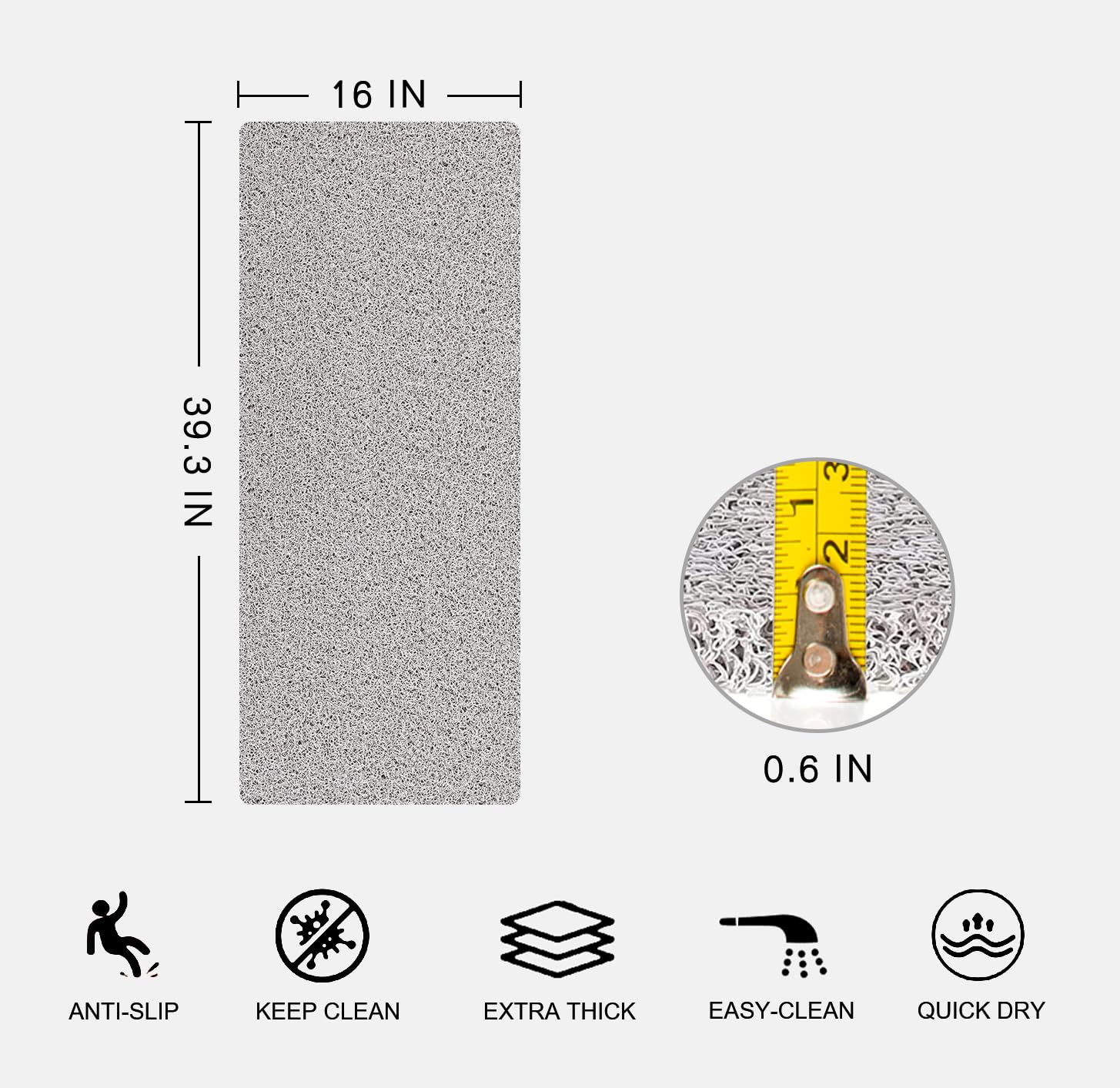 Tapis de Bain antidérapant Extra épais de 1,5 cm à séchage Rapide, antidérapant en luffa pour Baignoire, Salle de Bain, Piscine, Cuisine, entrée, Maison et hôtel (Gris Clair, 40,6 x 99,1 cm)