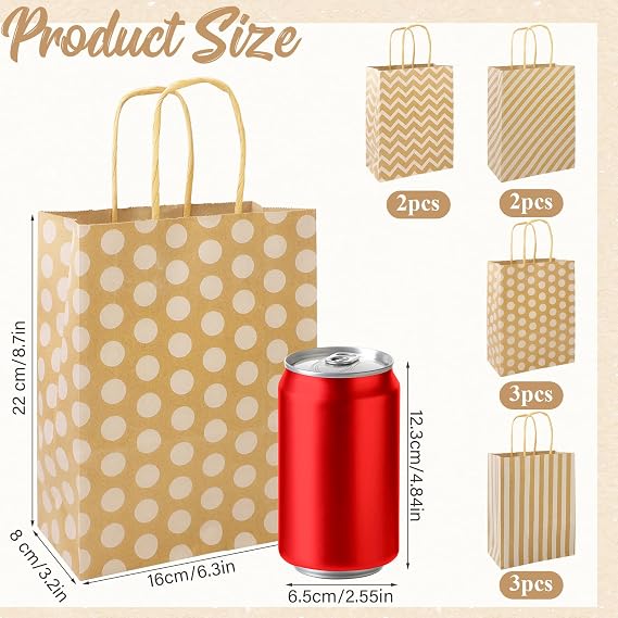 10 PCS Brown Paper Party Bags With Twist Handles,Kraft Medium Gift Bag | 120GSM 22 x 16 x 8 cm 4 Styles Upgraded Kraft Party Bags for Shopping,Christmas,Easter,Birthday Parties,Merchandise Retail