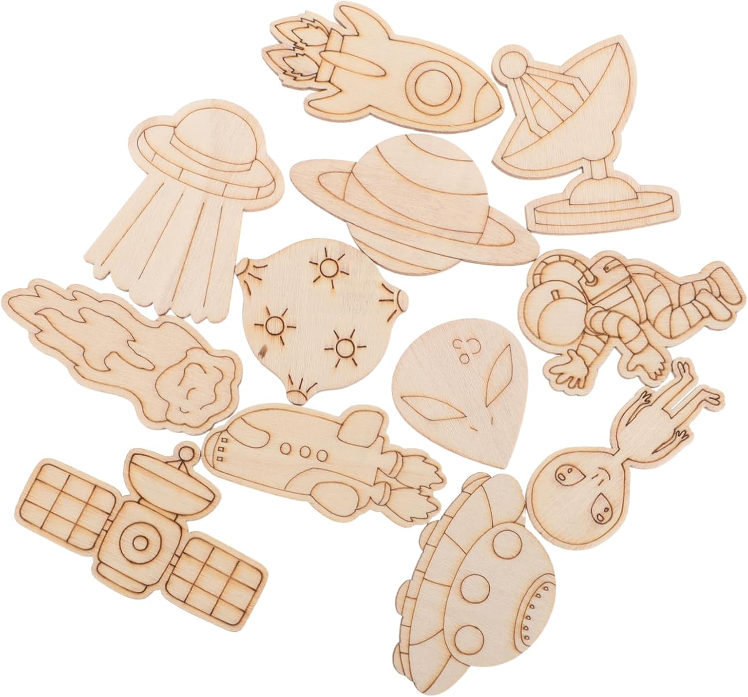 NUOBESTY 100Pcs Kids DIY Wooden Spaceship Pieces Unfinished Craft Kit for Creative Space-Themed Art Projects and Party Decorations