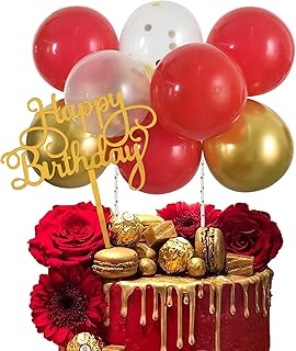 BEISHIDA Happy Birthday Cupcake Toppers - Red Gold Mini Balloon Cloud Birthday Cake Decorations for Wedding Anniversary Baby Shower Decorations