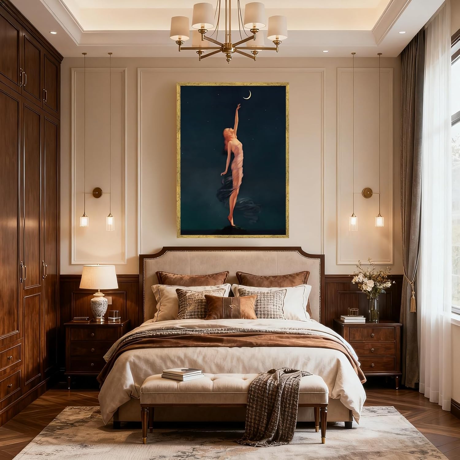 Gold Framed Reaching for the Moon by Edward Mason Eggleston Canvas Wall Art Vintage Night Sky Goddess Poster Classic Woman Crescent Painting Reproduction Feminine Aesthetic Wall Decor 12x16inch