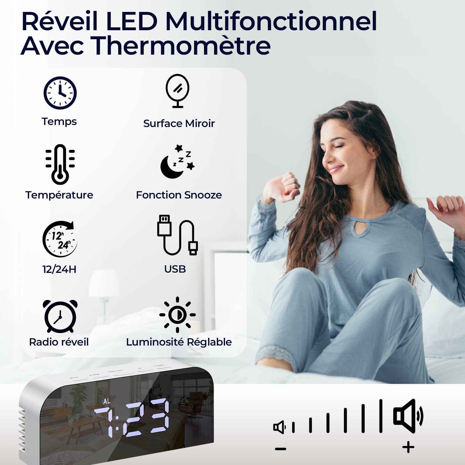 Vinabo Réveil Numérique Miroir LED Horloge Chevet