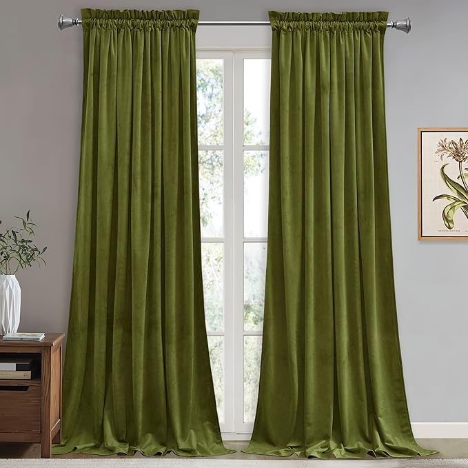 StangH Green Velvet Curtains for Living Room, 96 inches Long Thermal Insulated Blackout Window Drapes for Sliding Door, Christmas Holiday Backdrops, Olive Green, W52 x L96, 2 Panels