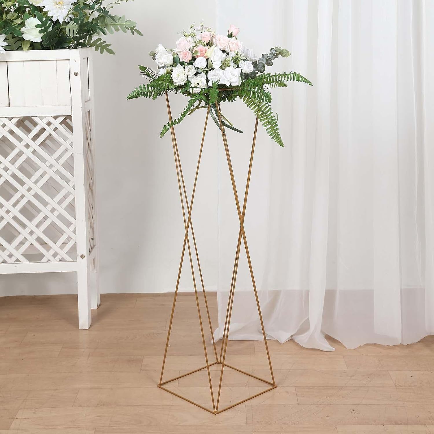 Efavormart 2 Pack | 32" Gold Geometric Crisscross Metal Frame Centerpieces, Open Column Pedestal Flower Stands