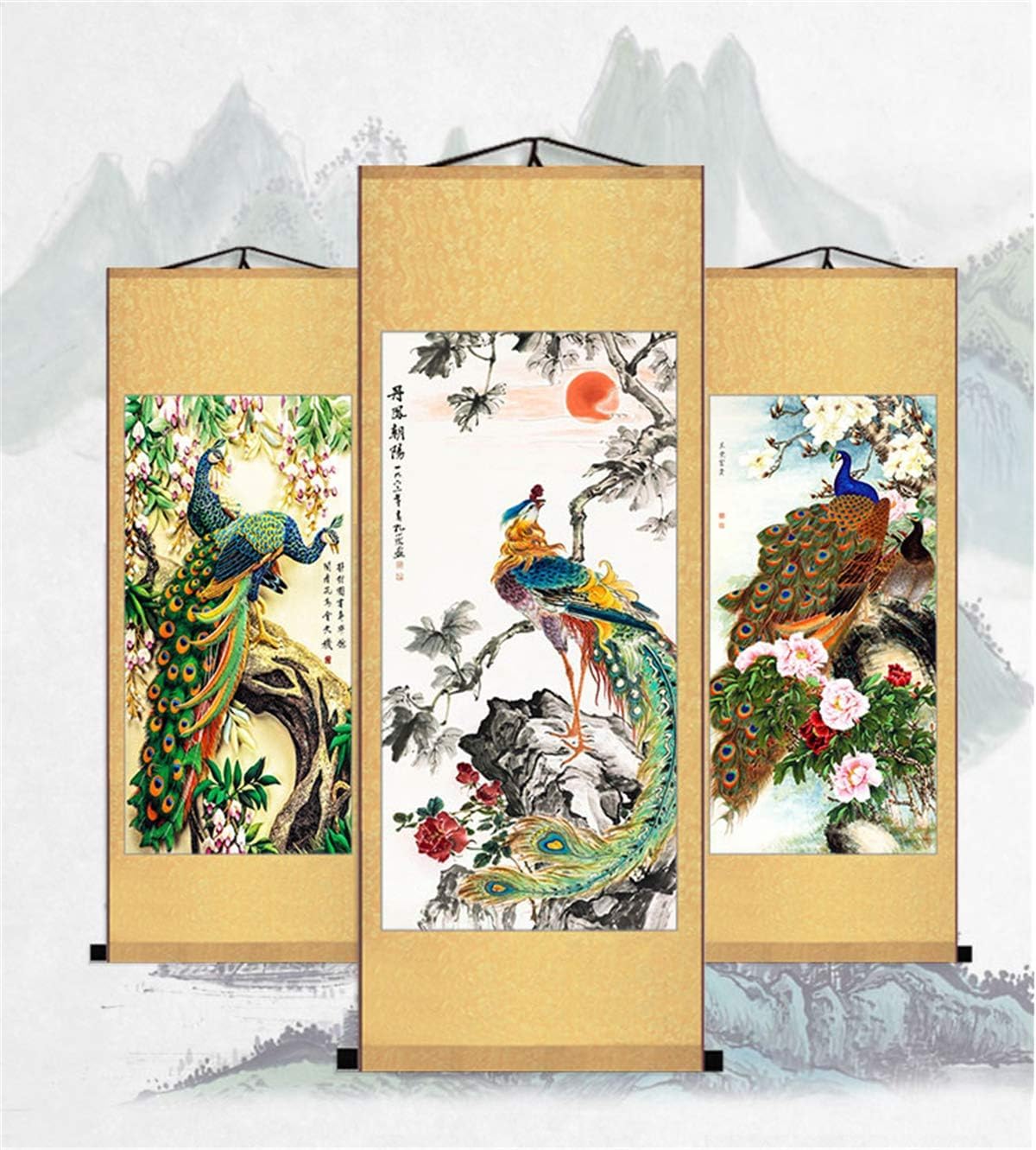 E-壁【美品】有田焼 陶板画 壁掛け 飾り物 孔雀 牡丹 青藍 金彩コルク裏打ち kinsai_a22
