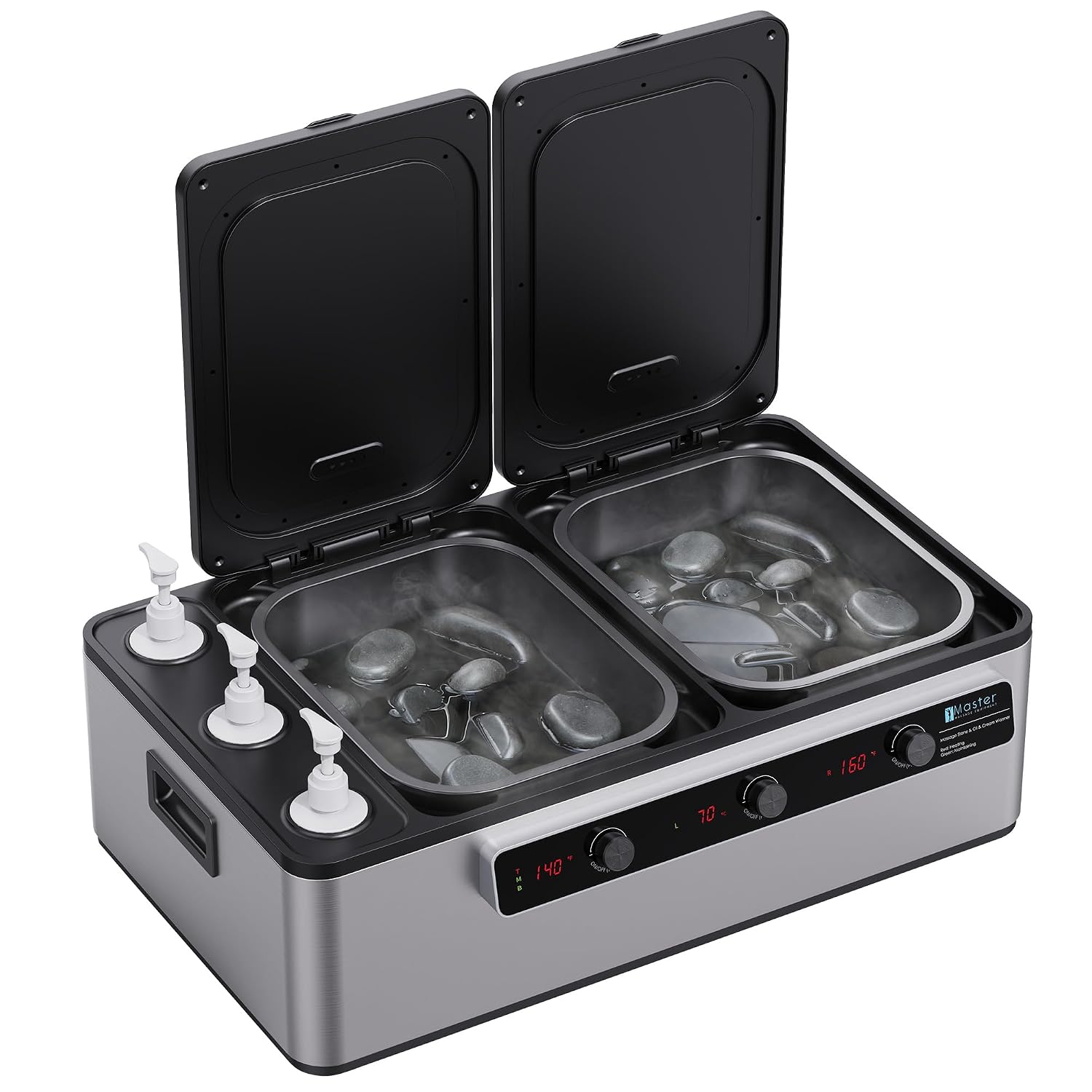 Master Massage Professional Electric 2IN1 Massage Stone Heater & 3 Bottle Massage Oil & Lotion &Gel Warmer-Digital Multifunctional Heating Equipment Combo image 2