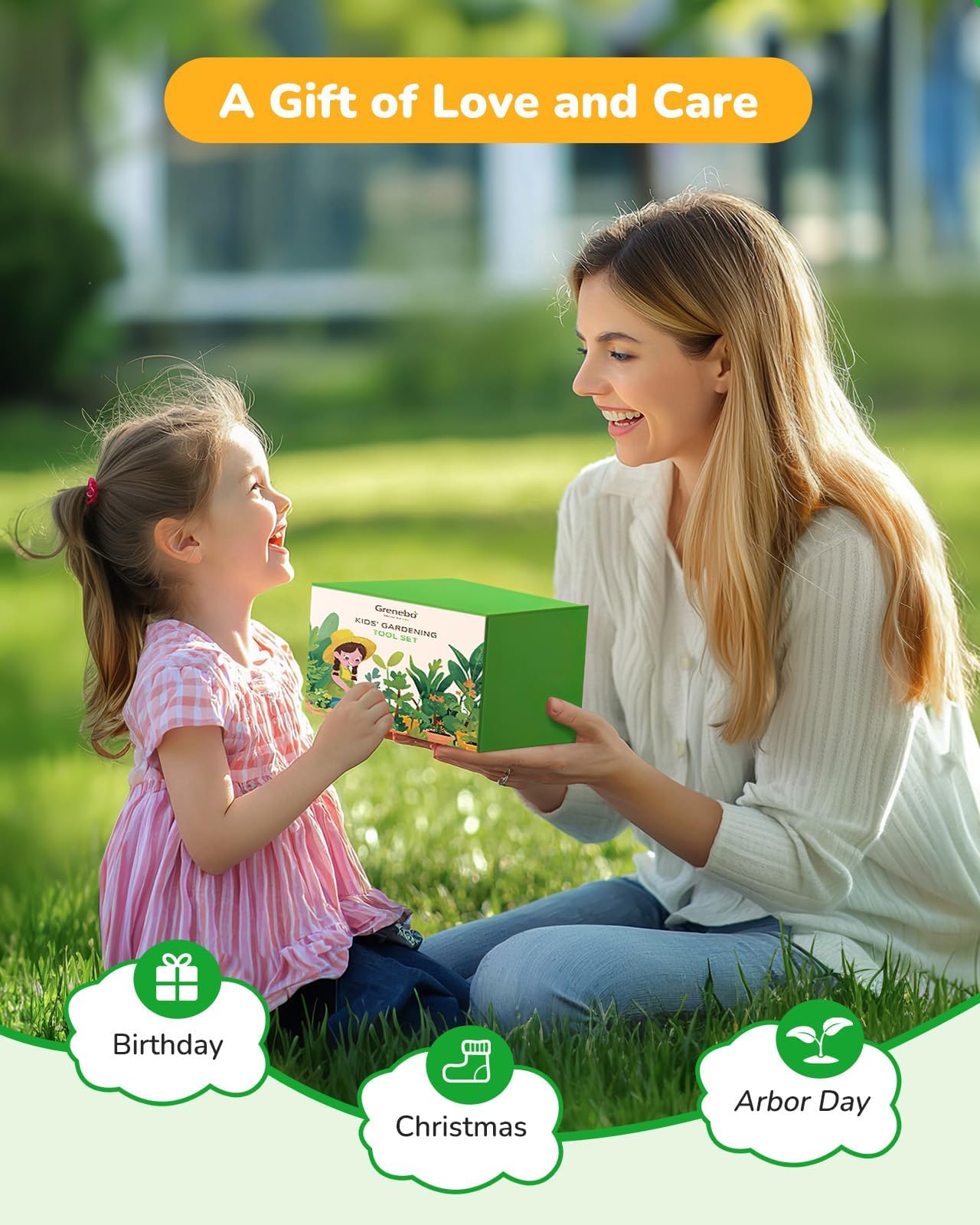 Grenebo-Gartenspielzeug für Kinder, inklusive Metallkelle, Pflanzschaufel, Gartenhut, Rechen, Schürze, Handschuhe, Gießkanne und Werkzeugtasche (rosa)