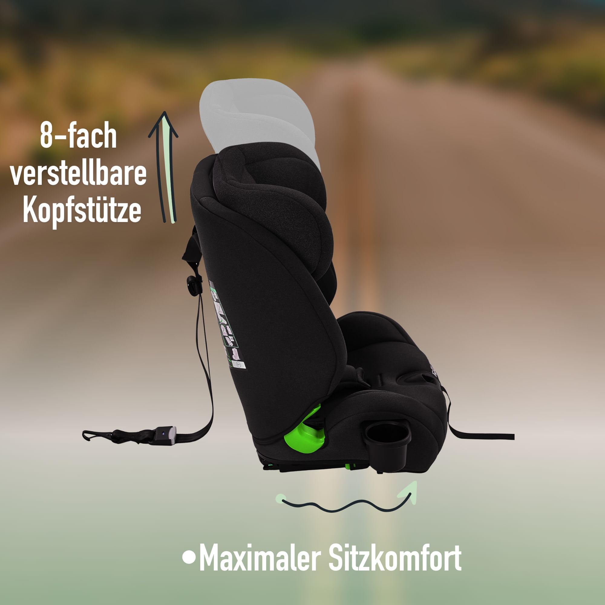 FableKids Kinderautositz mit Isofix | Autokindersitz ab 15M. | Autositz für Kinder 76-150cm | Kindersitz i-Size ECE R129/03 | 3-Punkt-Sicherheitsgurt | einstellbare Kopfstütze & Becherhalter | Schwarz