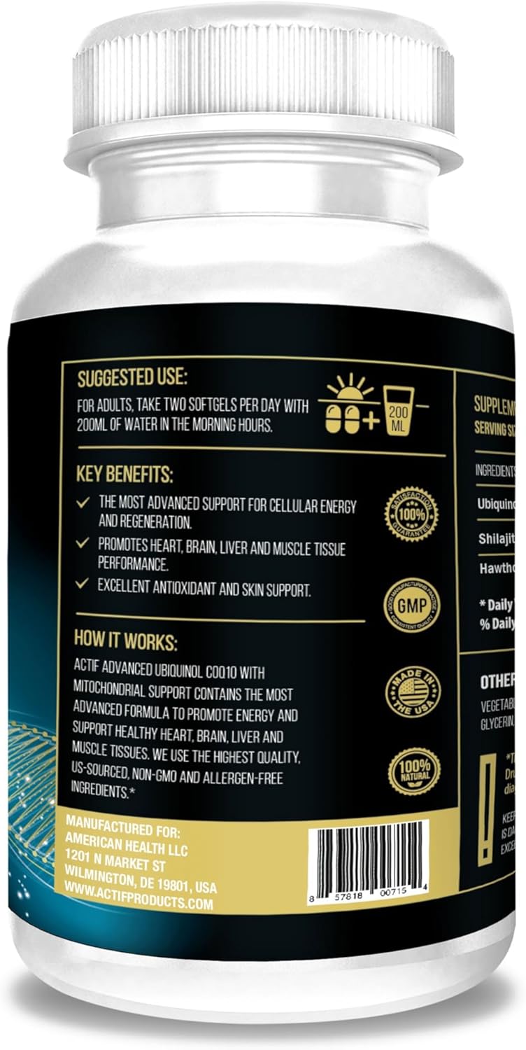 ACTIF Super Ubiquinol CoQ10 with Enhanced Mitochondrial Support, Non-GMO, Made in USA, 200mg, 120 Count