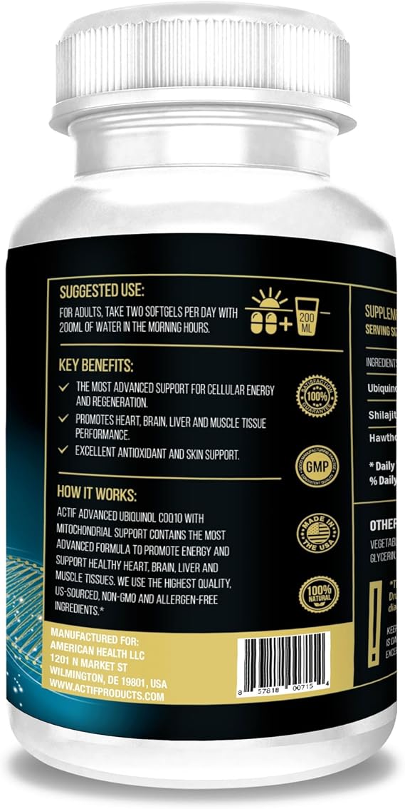 ACTIF Super Ubiquinol CoQ10 with Enhanced Mitochondrial Support, Non-GMO, Made in USA, 200mg, 120 Count