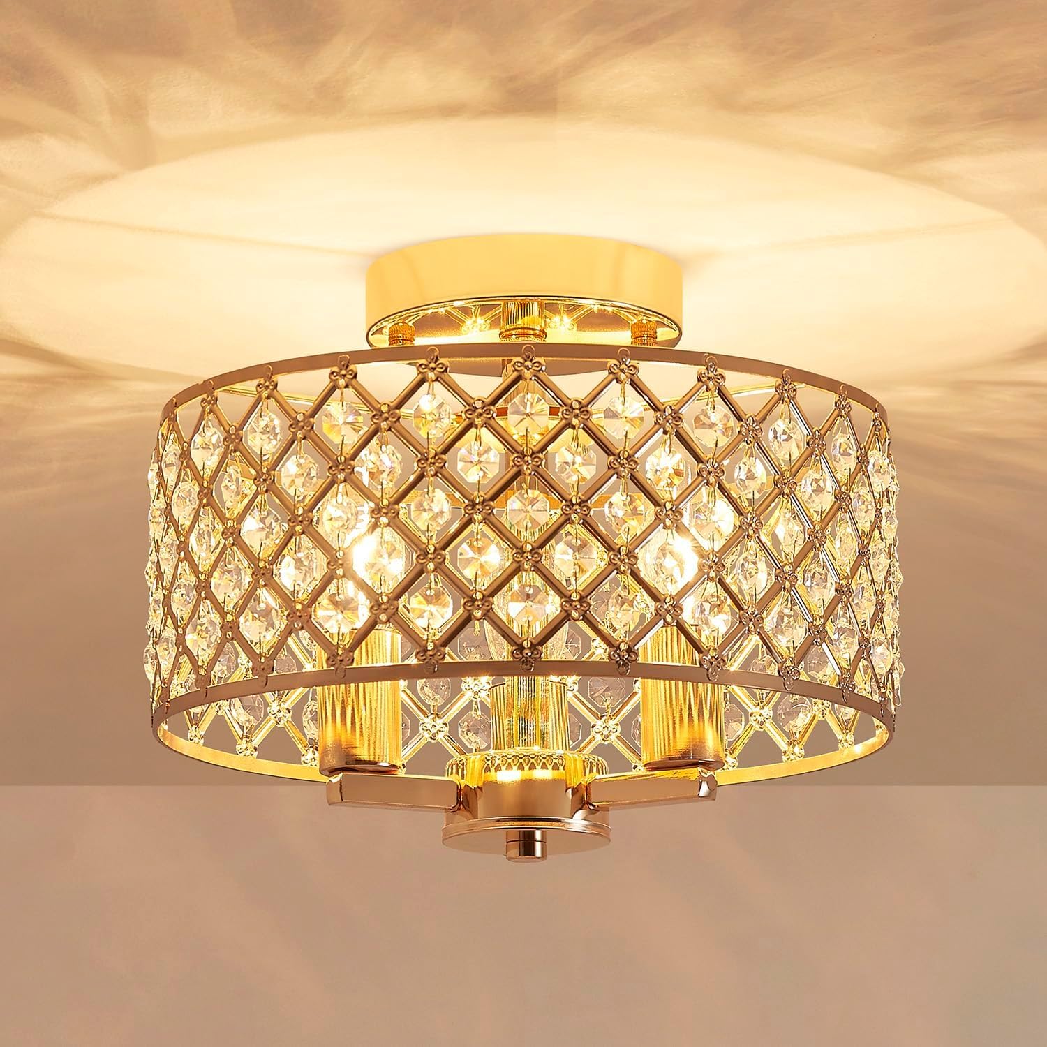 SHRINE LIGHTING Lustre en cristal, style moderne, plafonnier parfait pour salon, douilles E14 x3 (ampoules non incluses), Ø27 x H22 cm, couronne avec finition laiton vieilli