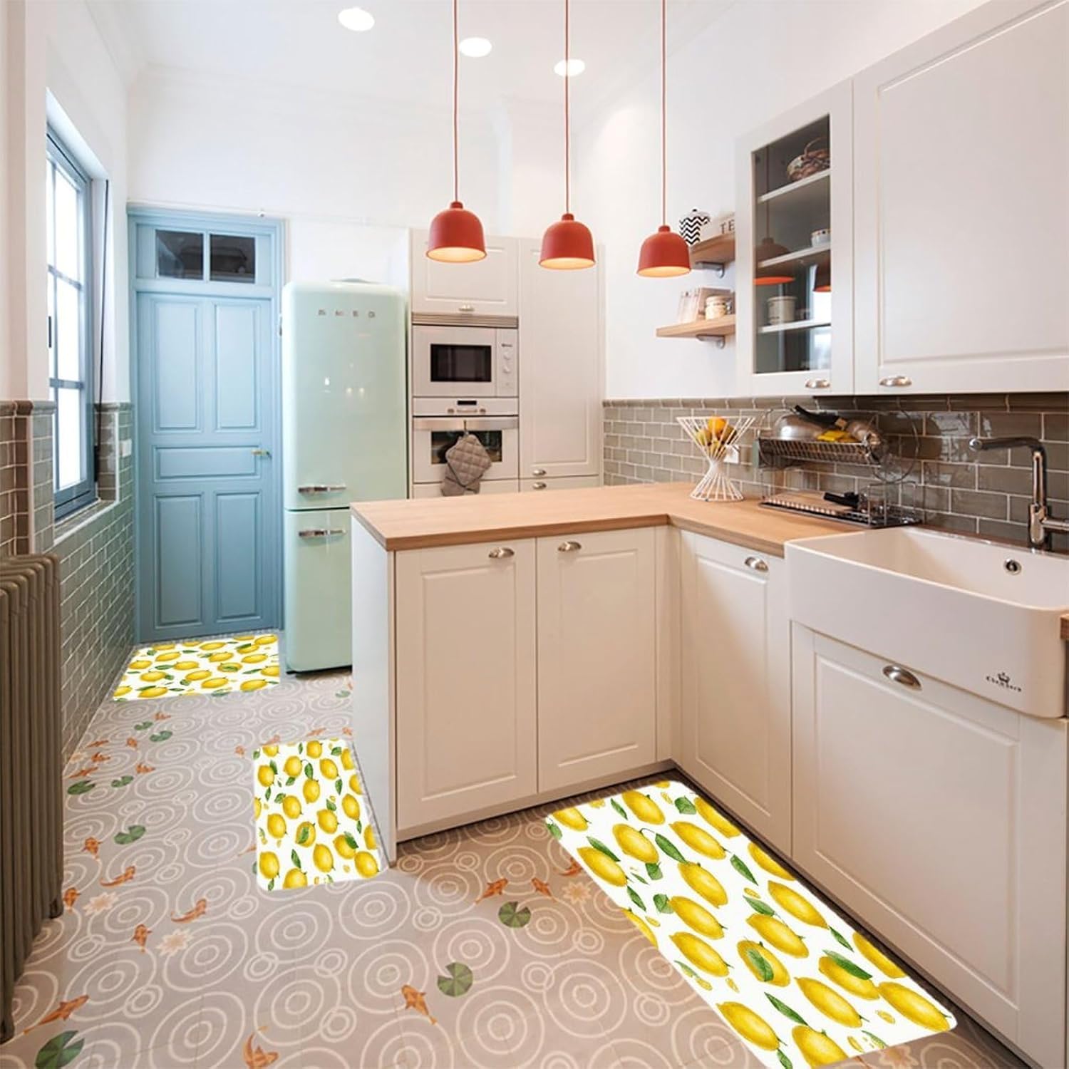 Yellow Lemon Kitchen Mats Soft Absorbent Rugs for Floor Non Slip Washable Kitchen Mats Fashion Rectangular Rugs for Three-Piece Set for Laundry Office Home Sink