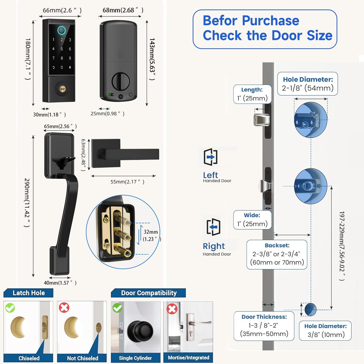 BEBASIA Heavy Duty Fingerprint Smart Door Lock for Front Door, APP Control Front Door Lock Sets, Auto Lock, Anti-Peeping Touchscreen Digital Keypad, Electronic Keyless Entry Deadbolt, Black