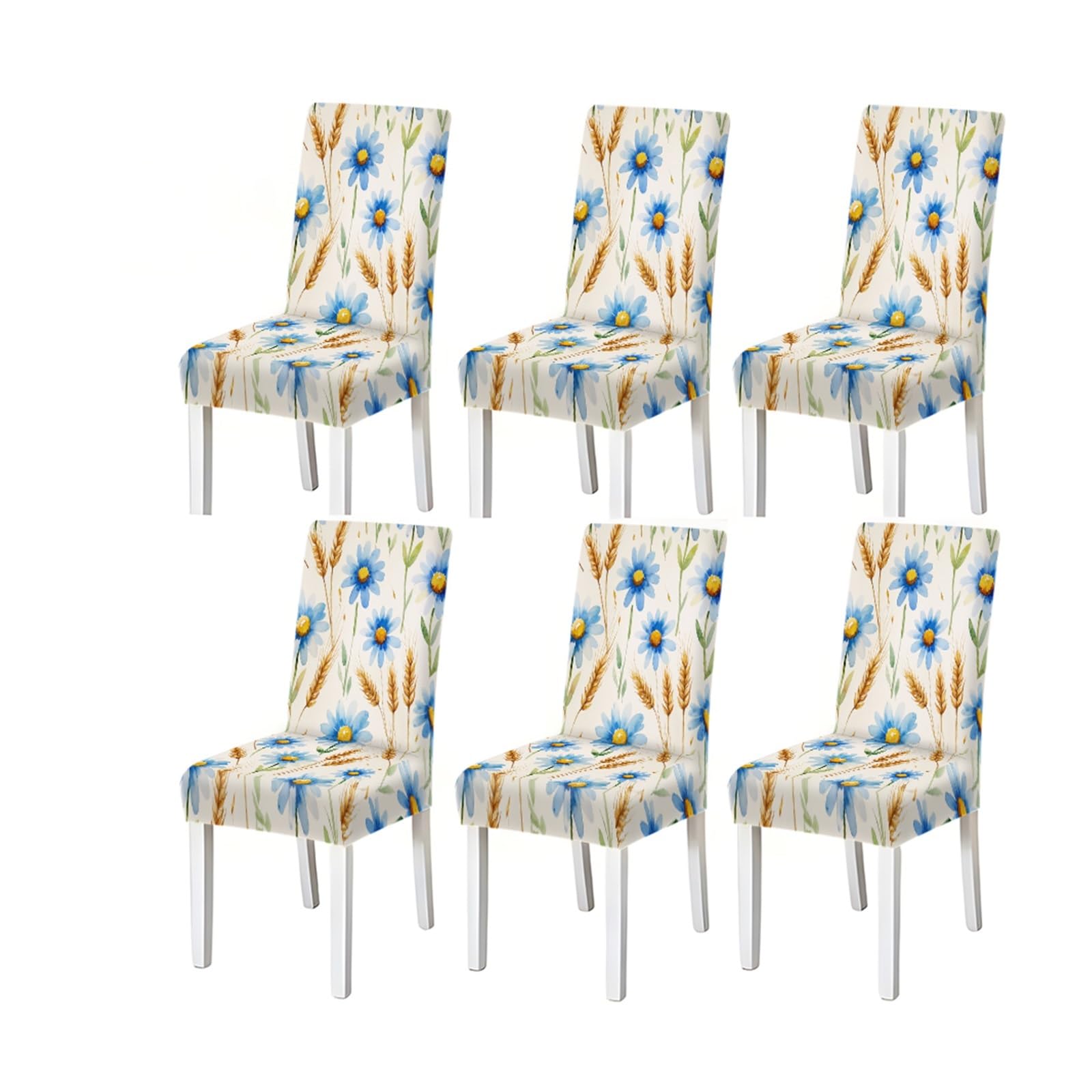 Bosuybn One Color Watercolor Blue Daisy Wheat Floral Pattern Print Dining Chair Covers Set Of 2/4/6, Stretch Slipcovers For Kitchen Dining Room Furniture Protectors For Home Dining Room(6Pcschair Cover)