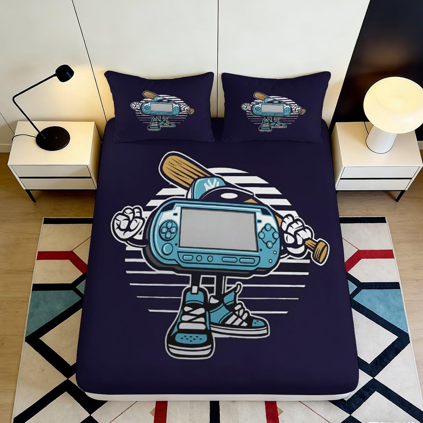 3D Printed Cartoon Game Console Fitted Sheet Microfiber Navy Blue Bed Cover for Bedroom Dorm Protection Decor 90x200x25cm