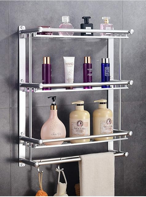 LMYB Free Punching Bathroom Shelves,3 Tier Towel Rack,Shower Organizer Storage Basket,Never Rust,Space Aluminum,Silver,Length 50cm